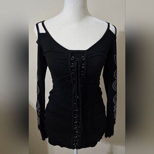Salvage Black Ruched Long Sleeve Cut Out Tie Front Top with Rhinestones.